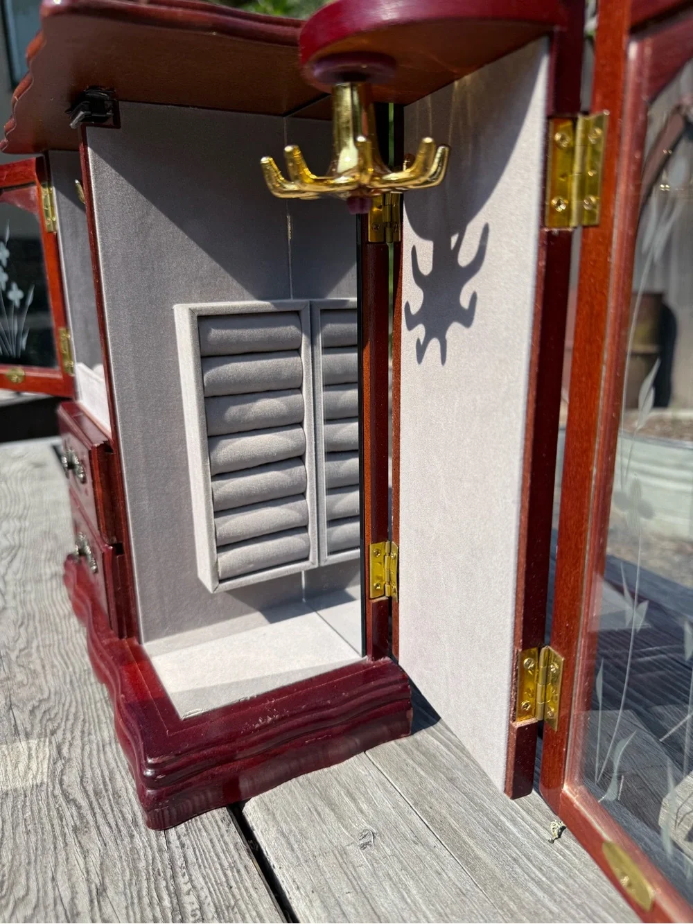 Mahogany Red Wooden Jewelry Armoire Cabinet with Etched Glass